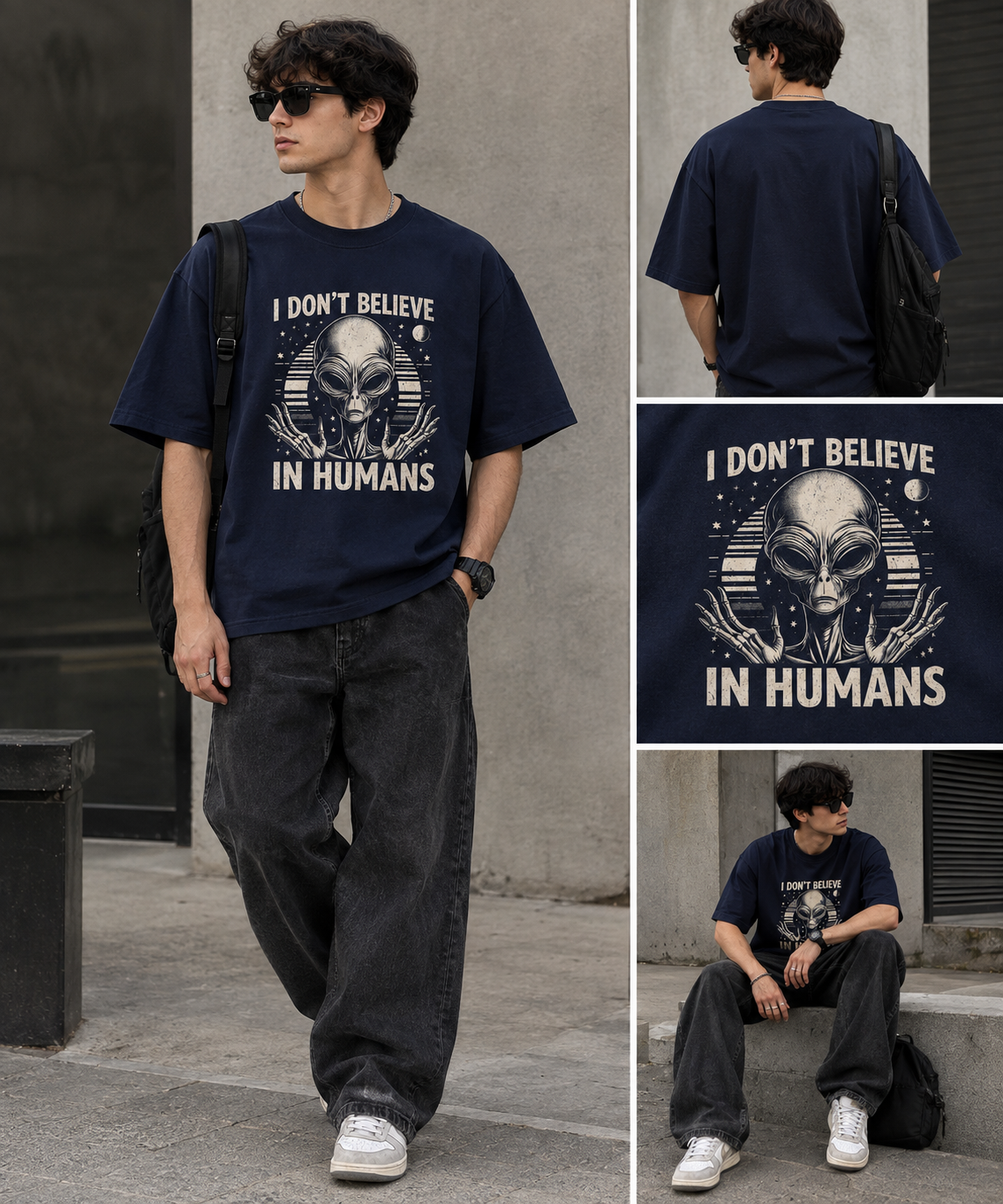 تیشرت سرمهای دو نخ Alien با طرح موجود فضایی و نوشته I DON'T BELIEVE IN HUMANS