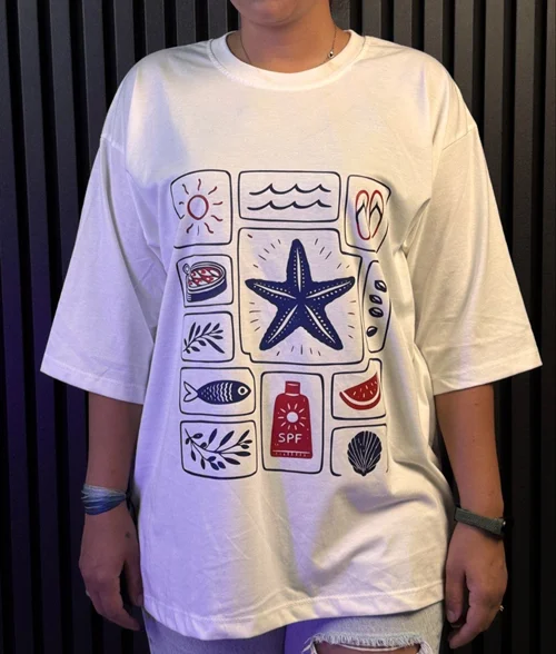 تیشرت باکسی Starfish | تیشرت نخ پنبه 28 گرم سفید سایز L تا 2XL