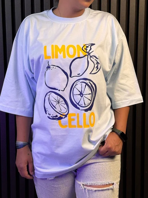 تیشرت باکسی Limon | تیشرت نخ پنبه 28 گرم آبی یخی سایز L تا 2XL